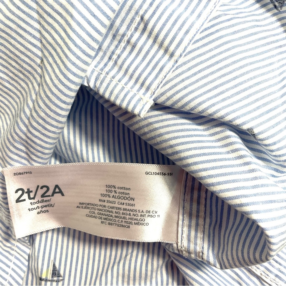 Carters 2T short sleeve stripe button‎ up shirt for toddler blue and white - Picture 5 of 9
